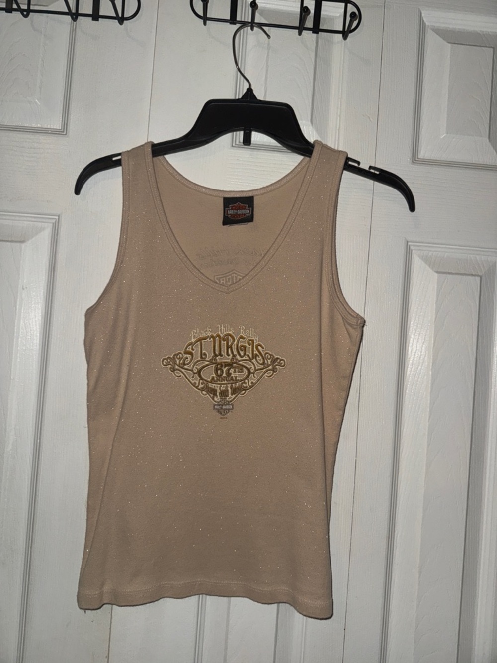 Harley-Davidson Tan Glitter V-Neck Tank with Sturgis Graphic